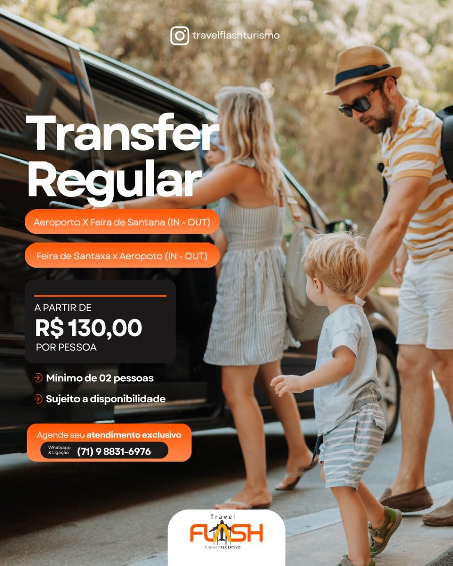 Transfer Regular Aeroporto X Feira de Santana IN- OUT🚐✈️  Nosso Transfer Regular é a solução inteligente para quem busca pontualidade, conforto e excelente custo-benefício no deslocamento entre Aeroporto de Salvador ⇄ Feira de Santana (IN/OUT).  🔹 Valor a partir de R$ 140,00 por pessoa 🔹 Mínimo de 02 passageiros 🔹 Serviço compartilhado, seguro e organizado 🔹 Operação planejada, com foco em experiência do cliente e eficiência logística 🔹 Sujeito à disponibilidade  Ideal para quem quer viajar com tranquilidade, sem surpresas e com o respaldo de uma empresa sólida no turismo receptivo. Aqui o jogo é ganho no detalhe: atendimento humanizado, processos claros e entrega consistente.  📲 Agende seu atendimento exclusivo WhatsApp / Ligações: (71) 9 8831-6976  Travel Flash Turismo Receptivo — mobilidade com estratégia, conforto e confiança do embarque ao destino.