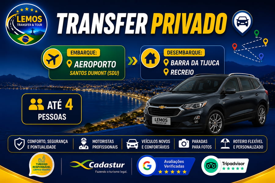 Transfer Privado – Aeroporto Santos Dumont ( SDU) para Zona Sul (até 6 pessoas) Desfrute de um transfer exclusivo com conforto e segurança do Aeroporto do Galeão até  Barra da Tijuca e Recreio dos Bandeirantes . Serviço ideal para até 4 pessoas, com motorista profissional, pontualidade e suporte em tempo real. Reserve agora e comece sua viagem com tranquilidade!