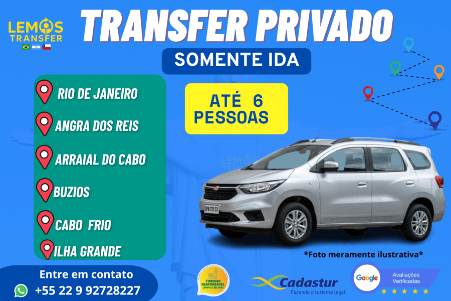 "Transfer privado com segurança e conforto para até 6 pessoas entre Rio de Janeiro e destinos paradisíacos como Ilha Grande, Angra, Búzios, Arraial ou Cabo Frio." Ou um dessas cidades com destino ao Rio de Janeiro. 