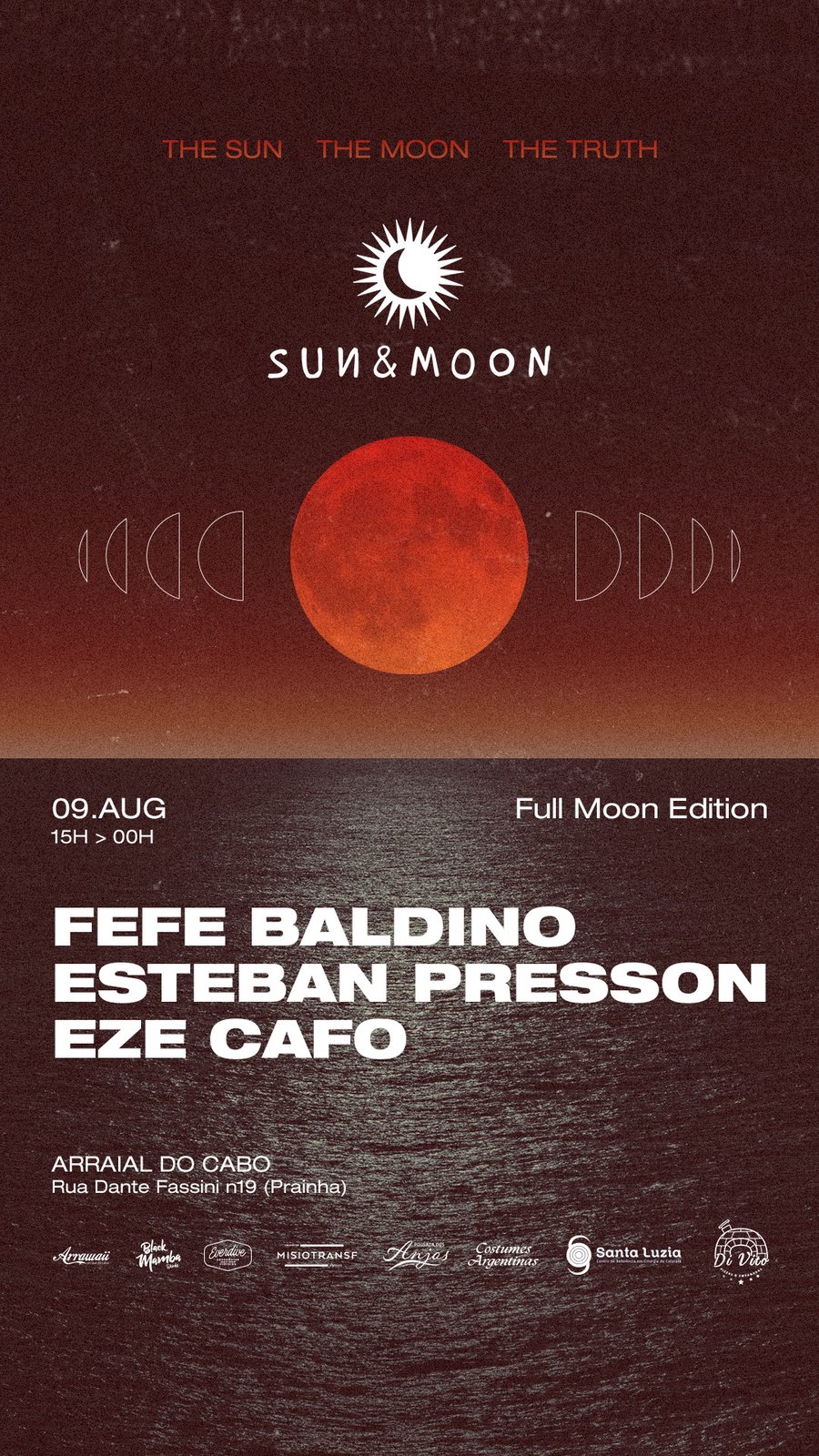 Nesta edição do Sun & Moon, vamos celebrar sob a mágica presença da lua cheia. Rodeados por música e natureza, nos encontramos na encantadora Prainha de Arraial do Cabo, onde a energia do mar e da noite se unem em uma experiência inesquecível.  A lua cheia tem um poder único: ela influencia as marés, desperta emoções e intensifica as conexões. Quando combinada com o som das ondas e a vibração da música eletrônica, cria um ambiente quase místico — perfeito para se entregar ao momento, dançar descalço na areia e sentir a liberdade pulsar no corpo.  A trilha sonora da noite será guiada por batidas hipnóticas e envolventes de house, progressive e techno — gêneros que nos conectam profundamente com o presente e nos fazem viajar sem sair do lugar.