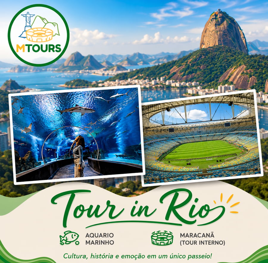 Tour AquaRio + Maracanã Tour  Descubra três dos atrativos mais visitados do Rio de Janeiro em um único passeio, combinando cultura, história, entretenimento e a paixão pelo futebol. Com a M Tours, você aproveita uma experiência completa com transporte privativo, guia especializado e todos os ingressos incluídos, garantindo conforto, praticidade e total segurança durante todo o roteiro.  AquaRio – O Maior Aquário Marinho da América do Sul  A primeira parada é o impressionante AquaRio, uma atração que encanta visitantes de todas as idades. O complexo abriga milhares de animais marinhos de diversas espécies, proporcionando uma verdadeira imersão no universo dos oceanos.  Durante a visita, você poderá conhecer:  * O famoso túnel subaquático cercado por tubarões e raias; * Diversos tanques temáticos com espécies marinhas do Brasil e do mundo; * Espaços educativos sobre conservação ambiental e vida marinha; * Áreas interativas ideais para toda a família.  Uma experiência fascinante que une lazer, educação e contato com a natureza.  ⸻  Boulevard Olímpico – Arte, História e Cultura  Após a visita ao AquaRio, seguimos para o Boulevard Olímpico, uma das regiões mais revitalizadas e modernas da cidade.  O passeio inclui uma caminhada guiada pelos principais pontos da área portuária, onde você poderá conhecer:  * O famoso Mural Etnias, uma das maiores obras de arte urbana do mundo; * A Praça Mauá, cartão-postal da região; * A história da revitalização da Zona Portuária do Rio de Janeiro; * Áreas culturais e espaços que marcaram os Jogos Olímpicos Rio 2016; * Belas paisagens para fotos e momentos inesquecíveis.  Uma oportunidade única para conhecer um lado moderno e cultural do Rio de Janeiro.  ⸻  Tour Maracanã – Nos Bastidores do Templo do Futebol  Para encerrar o passeio, visitamos o lendário Estádio do Maracanã, palco de momentos históricos do futebol mundial.  No Tour Maracanã, você terá acesso aos bastidores do estádio e poderá conhecer:  * Os vestiários das equipes; * A sala de coletiva de imprensa; * O túnel de acesso ao gramado; * Os bancos de reservas; * Áreas exclusivas normalmente restritas aos atletas; * Exposições com itens históricos e curiosidades sobre grandes partidas e jogadores.  Uma experiência imperdível para amantes do futebol e para quem deseja conhecer de perto um dos estádios mais famosos do planeta.  ⸻  O Que Está Incluído  ✅ Transporte privativo durante todo o passeio ✅ Guia especializado acompanhando todo o roteiro ✅ Ingresso para o AquaRio ✅ Ingresso para o Tour Maracanã ✅ Assistência da equipe M Tours  ⸻  Informações Importantes  * Passeio indicado para todas as idades. * Ideal para famílias, casais, grupos de amigos e apaixonados por futebol. * Roteiro realizado com conforto, segurança e acompanhamento profissional. * Saídas mediante agendamento prévio.  Viva uma experiência completa no Rio de Janeiro!  Conheça a vida marinha no AquaRio, explore a arte e a história do Boulevard Olímpico e visite os bastidores do maior templo do futebol brasileiro em um único dia.  M Tours – Experiências exclusivas para você descobrir o melhor do Rio de Janeiro.  📲 Reservas e informações: +55 21 98616-3447 📸 Instagram: @mtours_