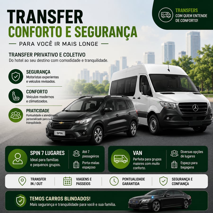 Atendo grupos acima de 05 participantes caso sejam amigos ou familiar com transportes  DOBLÔ ,  VAN 15 E 20 LUGARES , MICRO E ÔNIBUS  PONTOS DE EMBARQUE  Nossos embarques são na maioria dos hotéis, onde é permitido embarque e desembarque de passageiros, geralmente sob monitoramento de câmeras e seguranças.