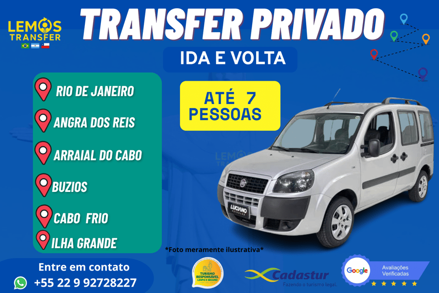 "Transfer privado com segurança e conforto para até 7 pessoas entre Rio de Janeiro e destinos paradisíacos como Ilha Grande, Angra, Búzios, Arraial ou Cabo Frio." Ou um dessas cidades com destino ao Rio de Janeiro. 
