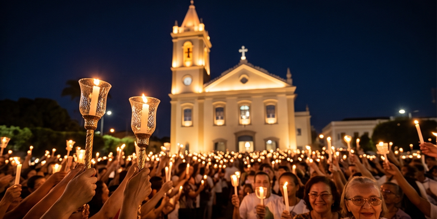 Um close detalhado das mãos segurando velas acesas durante a Procissão das Candeias, com a Basílica iluminada ao fundo. Perfeita para as seções que descrevem a programação religiosa.