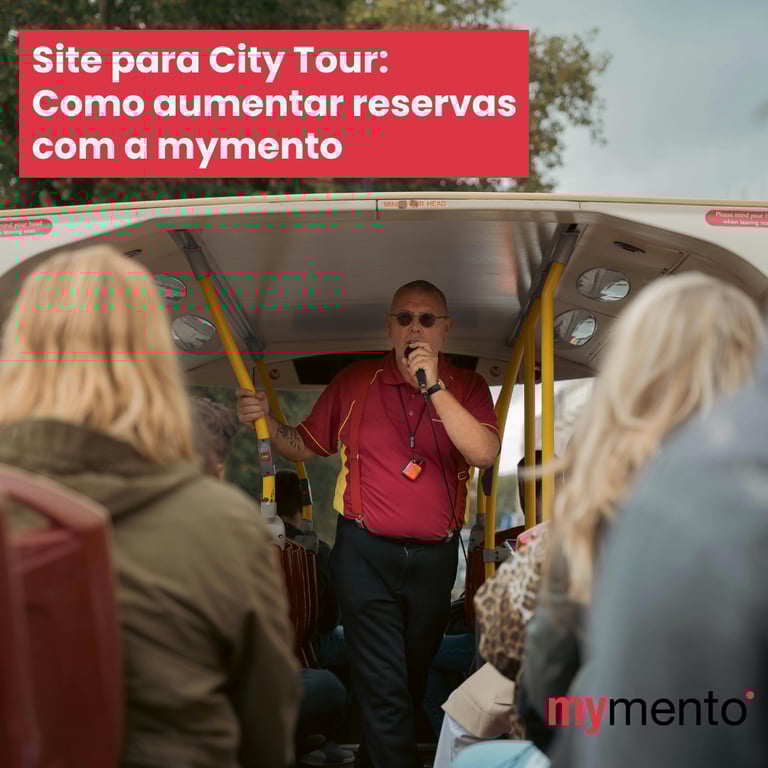 Guia de city tour conduzindo um grupo de turistas pelas ruas de uma cidade, representando empresas que utilizam o site da mymento para oferecer passeios urbanos com reservas online e experiência profissional.