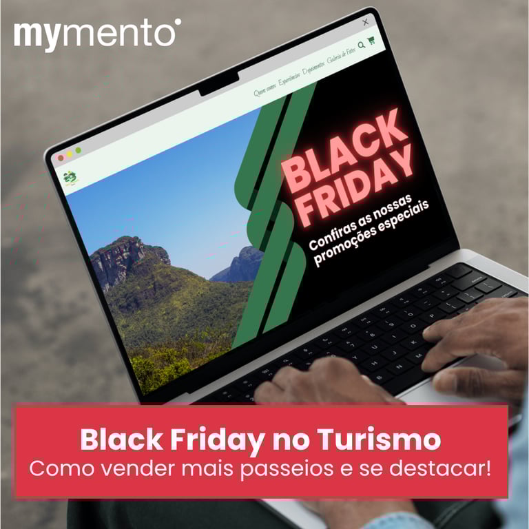 Turista acessando site de passeios turísticos com promoção de Black Friday, pesquisando ofertas e reservas online para viagens com mymento.