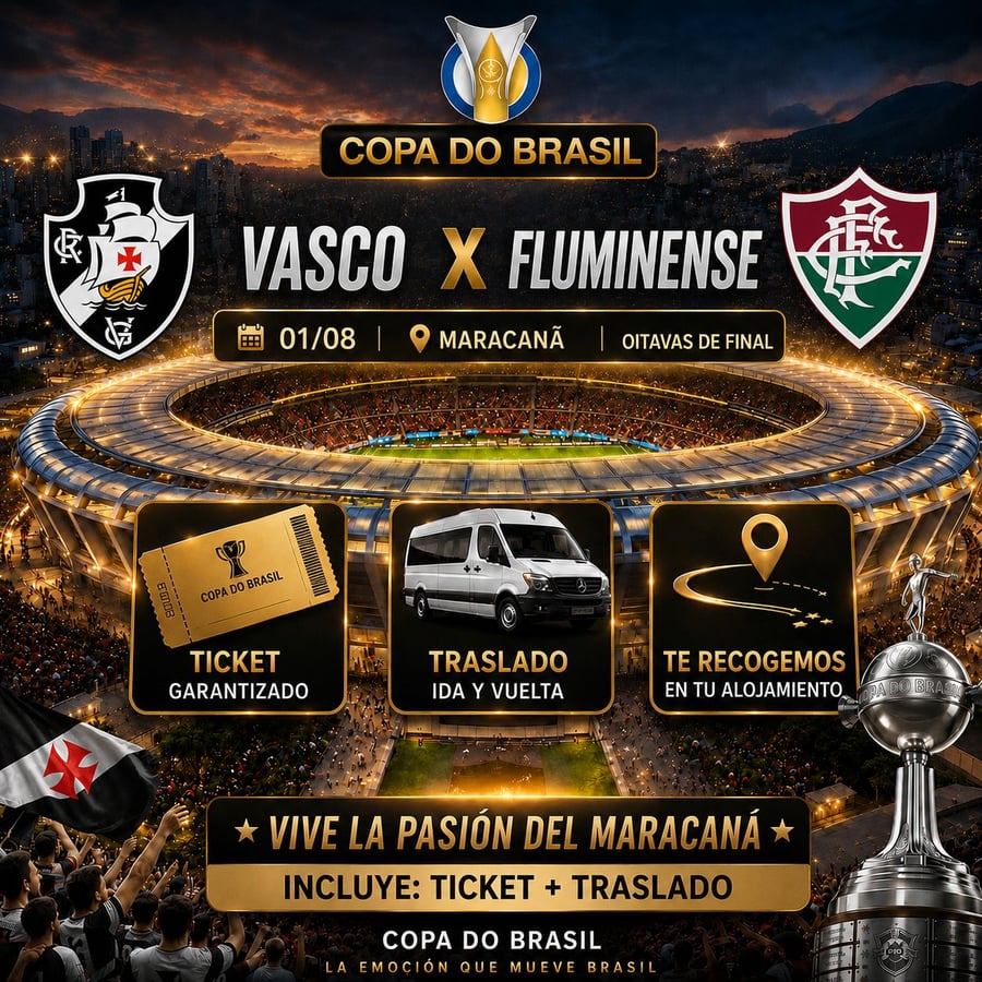 Classico - Vasco x Fluminense Vive una aventura única en el corazón del fútbol mundial en el emblemático estadio Maracaná, ubicado en la vibrante Río de Janeiro. Conocido como el templo del fútbol, ​​el Maracaná es uno de los estadios más famosos del mundo y ha sido sede de finales inolvidables, hogar de grandes ídolos y momentos que han marcado a generaciones. Más allá de ver un partido, te sumergirás en una emoción indescriptible, rodeado de miles de aficionados y cánticos apasionados, en una atmósfera única que solo Río de Janeiro puede ofrecer.  Con M Tours, tu experiencia en el Maracaná será segura y cómoda. Garantizamos tu entrada, te ofrecemos transporte de ida y vuelta y te recogemos directamente en tu hotel. Nuestro servicio personalizado estará a tu disposición durante toda la experiencia, para que disfrutes al máximo de este evento inolvidable. Déjate envolver por la magia del Maracaná y vive el fútbol como nunca imaginaste.  No te pierdas la oportunidad de ser parte de este espectáculo inolvidable. Reserva tu lugar ahora y pre