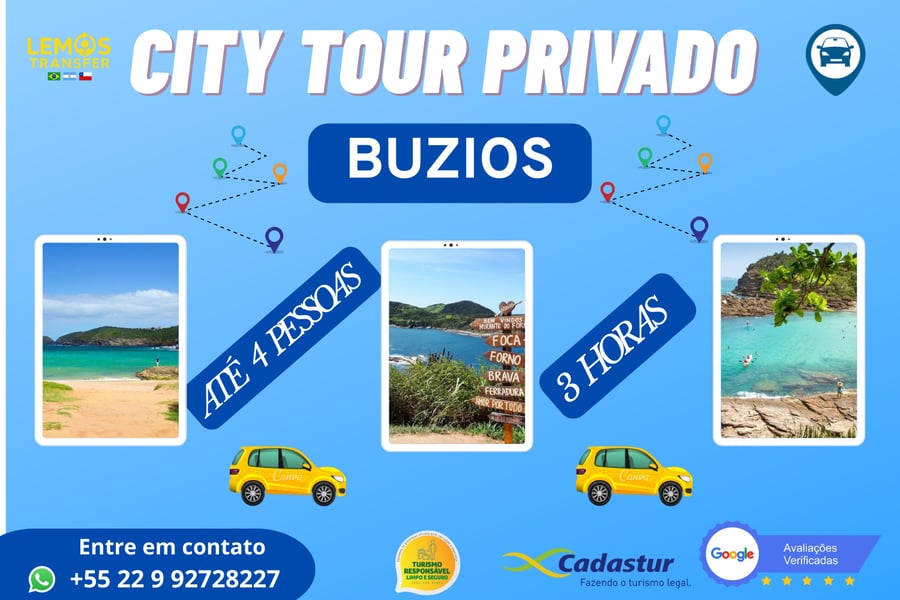 🌴 City Tour Privado em Búzios – 3 horas  Descubra o charme de Búzios em um passeio exclusivo e confortável! Nosso City Tour Privado é a escolha ideal para quem deseja conhecer os principais pontos da cidade em apenas 3 horas, aproveitando cada momento sem pressa e com total liberdade.  ✅ Passeio privativo, só para você e seu grupo ✅ Duração: 3 horas ✅ Veículo confortável com ar-condicionado ✅ Valor por veículo – até 4 pessoas