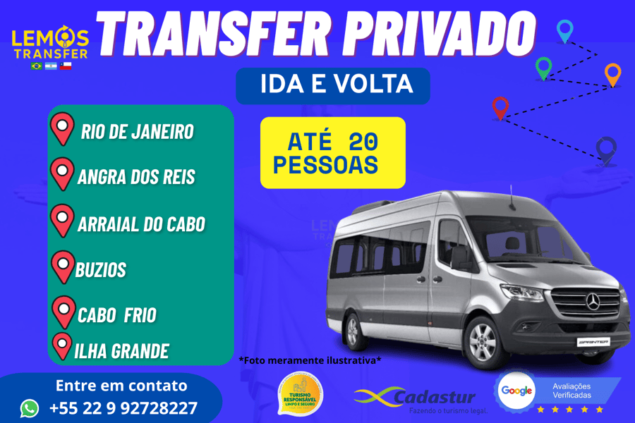 "Transfer privado com segurança e conforto para até 20 pessoas entre Rio de Janeiro e destinos paradisíacos como Ilha Grande, Angra, Búzios, Arraial ou Cabo Frio." Ou um dessas cidades com destino ao Rio de Janeiro. 