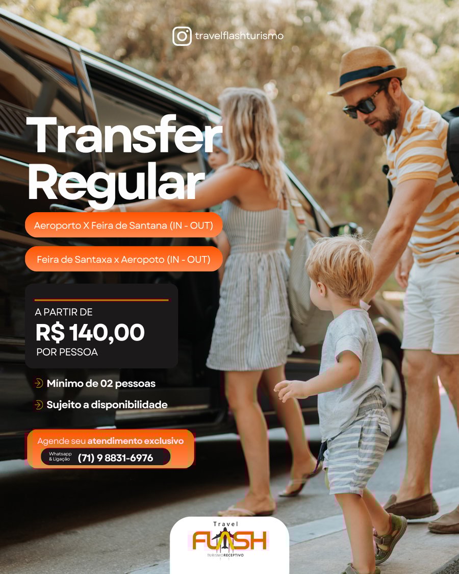 Transfer Regular Aeroporto X Feira de Santana IN- OUT🚐✈️  Nosso Transfer Regular é a solução inteligente para quem busca pontualidade, conforto e excelente custo-benefício no deslocamento entre Aeroporto de Salvador ⇄ Feira de Santana (IN/OUT).  🔹 Valor a partir de R$ 140,00 por pessoa 🔹 Mínimo de 02 passageiros 🔹 Serviço compartilhado, seguro e organizado 🔹 Operação planejada, com foco em experiência do cliente e eficiência logística 🔹 Sujeito à disponibilidade  Ideal para quem quer viajar com tranquilidade, sem surpresas e com o respaldo de uma empresa sólida no turismo receptivo. Aqui o jogo é ganho no detalhe: atendimento humanizado, processos claros e entrega consistente.  📲 Agende seu atendimento exclusivo WhatsApp / Ligações: (71) 9 8831-6976  Travel Flash Turismo Receptivo — mobilidade com estratégia, conforto e confiança do embarque ao destino.