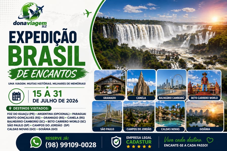 Uma expedição completa pelo Brasil, passando por alguns dos destinos mais desejados do país: Foz do Iguaçu, Gramado, Canela, Balneário Camboriú, São Paulo, Campos do Jordão, Caldas Novas e Goiânia.