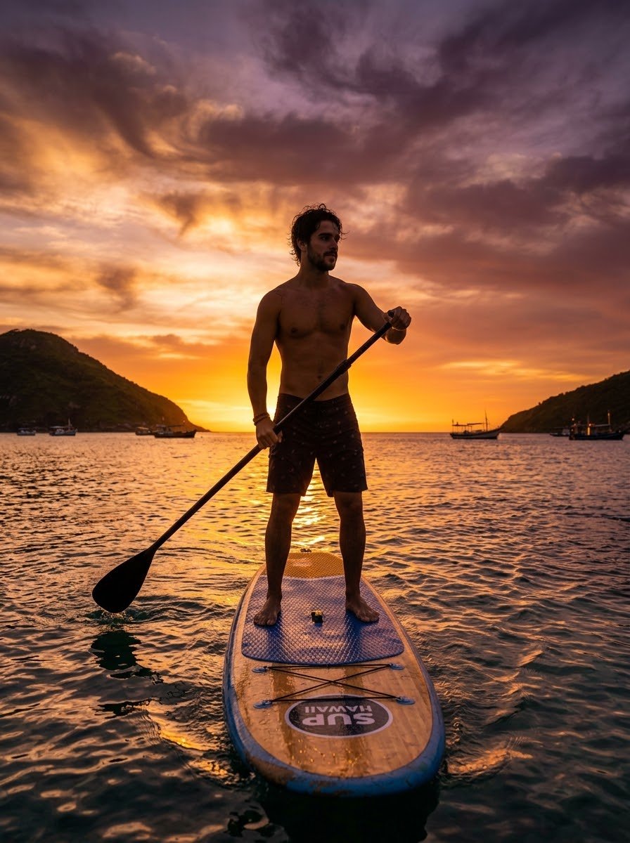 Remada no nascer no sol em Arraial do Cabo