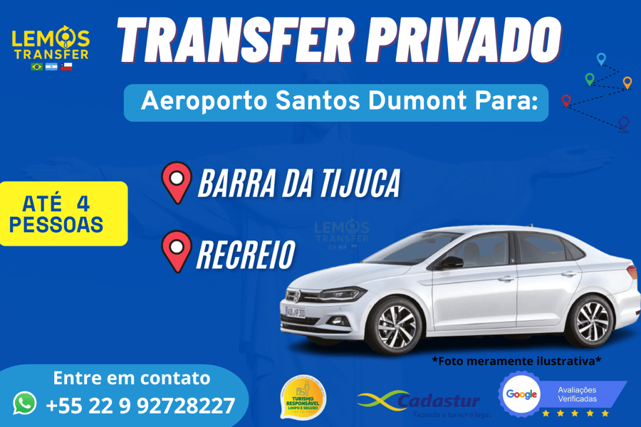Transfer Privado – Aeroporto Santos Dumont ( SDU) para Zona Sul (até 4 pessoas) Desfrute de um transfer exclusivo com conforto e segurança do Aeroporto do Galeão até  Barra da Tijuca e Recreio dos Bandeirantes . Serviço ideal para até 4 pessoas, com motorista profissional, pontualidade e suporte em tempo real. Reserve agora e comece sua viagem com tranquilidade!