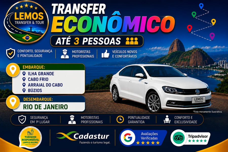 Transfer Privado Econômico– (até 3 pessoas) Desfrute de um transfer exclusivo com conforto e segurança. Serviço ideal para até 3 pessoas para quem busca economia com motorista profissional, pontualidade e suporte em tempo real. Reserve agora e comece sua viagem com tranquilidade!