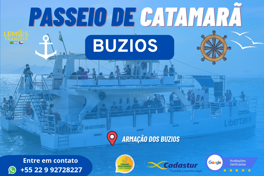 Passeio Catamarã   Saída 12:00hs Check-in até 11:30hs no ponto de encontro combinado.  O barco tem 2 andares, 4 banheiros, pista de dança, DJ a bordo, serviço de bar e churrasquinho a bordo (por conta do cliente) *não é permitido levar cooler nem bolsa térmica.*  *Roteiro Catamarã:* 3 horas de duração, 12 praias, 3 ilhas, 3 paradas para mergulho de 30 minutos aproximadamente. *NÃO DESEMBARCA NA PRAIA*  Barco com capacidade para até 220 pessoas.    Embarque Pier do Centro / Pier Porto Veleiro   Praias: Armação, Ossos, Azeda, Azedinha, João Fernandes, João Fernandinho, Das Moças, Manguinhos, Tartaruga, Das Virgens, Dos Amores, do Canto.   Paradas: João Fernandes, Das Moças (Ilha feia), Tartaruga.   Ilhas: Branca, Feia, Do Caboclo.   Desembarque: Centro/ Pier Porto veleiro.  *Taxa de embarque R$10,00 ou não incluso*  *O roteiro pode ser alterado por  condições climáticas. *DJ em caso de chuva não embarca*  FORMAS DE PAGAMENTO: ✔️PIX ✔️ DINHEIRO  ✔️CARTÃO DÉBITO/ CRÉDITO