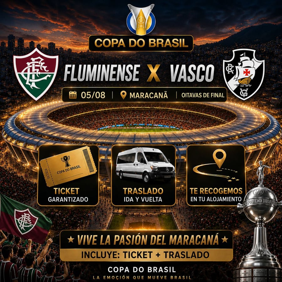 Classico - Fluminense x Vasco Vive una aventura única en el corazón del fútbol mundial en el emblemático estadio Maracaná, ubicado en la vibrante Río de Janeiro. Conocido como el templo del fútbol, ​​el Maracaná es uno de los estadios más famosos del mundo y ha sido sede de finales inolvidables, hogar de grandes ídolos y momentos que han marcado a generaciones. Más allá de ver un partido, te sumergirás en una emoción indescriptible, rodeado de miles de aficionados y cánticos apasionados, en una atmósfera única que solo Río de Janeiro puede ofrecer.  Con M Tours, tu experiencia en el Maracaná será segura y cómoda. Garantizamos tu entrada, te ofrecemos transporte de ida y vuelta y te recogemos directamente en tu hotel. Nuestro servicio personalizado estará a tu disposición durante toda la experiencia, para que disfrutes al máximo de este evento inolvidable. Déjate envolver por la magia del Maracaná y vive el fútbol como nunca imaginaste.  No te pierdas la oportunidad de ser parte de este espectáculo inolvidable