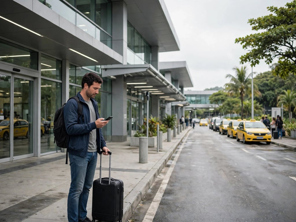 Traveler with a rolling suitcase prepares to leave Rio de Janeiro’s Galeão Airport while looking toward the airport’s transportation area.
