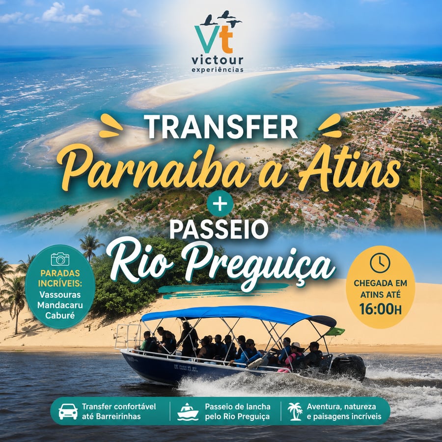 Via Barreirinhas + passeio de lancha até Atins Saímos de Parnaíba em veículo privativo com destino a Barreirinhas, em um trajeto de aproximadamente 3h30.  Chegando em Barreirinhas, vocês embarcam em uma lancha rápida que já faz um belíssimo passeio pelos Pequenos Lençóis, passando por locais como:  * Vassouras (região dos macaquinhos) * Mandacaru (Farol Preguiças) * Caburé  Durante o percurso é possível fazer parada para almoço. Após o passeio, a mesma lancha segue até Atins.    Ao chegar no porto de Atins, um carro local recebe vocês e faz o deslocamento até a pousada.