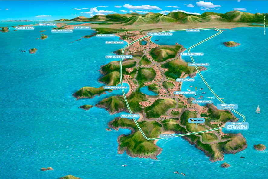 Mapa ilustrado do roteiro de helicóptero sobre a península de Búzios, destacando praias como Geribá, Ferradura e Orla Bardot. Reserve com sinal de 10%!