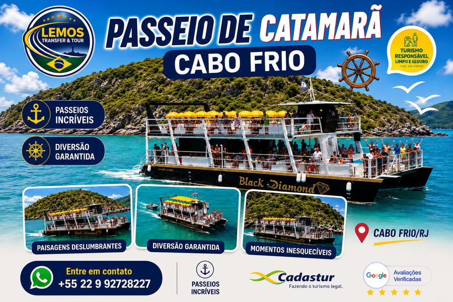 🌊 Passeio de Catamarã em Cabo Frio – Viva o paraíso do mar!  Prepare-se para uma experiência inesquecível pelas águas cristalinas de Cabo Frio ! 🛥️✨  Embarque em um moderno catamarã e descubra as mais belas praias e ilhas da região, com paradas para mergulho e aquele banho revigorante em alto mar. Sinta a brisa no rosto, aprecie vistas de tirar o fôlego e registre momentos que vão ficar para sempre na memória.  💙 Conforto, segurança e diversão garantida para todas as idades!  📍 Saídas diárias | ⏳ Duração aproximada: 3 horas Reserve já o seu lugar e viva Cabo Frio  de um jeito único!   *COMUNICADO REFERENTE A CRIANÇAS, IDOSOS E PCD:*  A partir de hoje iremos pedir o comprovante de idade, RG OU CERTIDÃO DE NASCIMENTO das *CRIANÇAS* (até 10 anos), *IDOSOS*(60+) e *PCD* documentos comprovando sua isenção ou meio pagamento. 