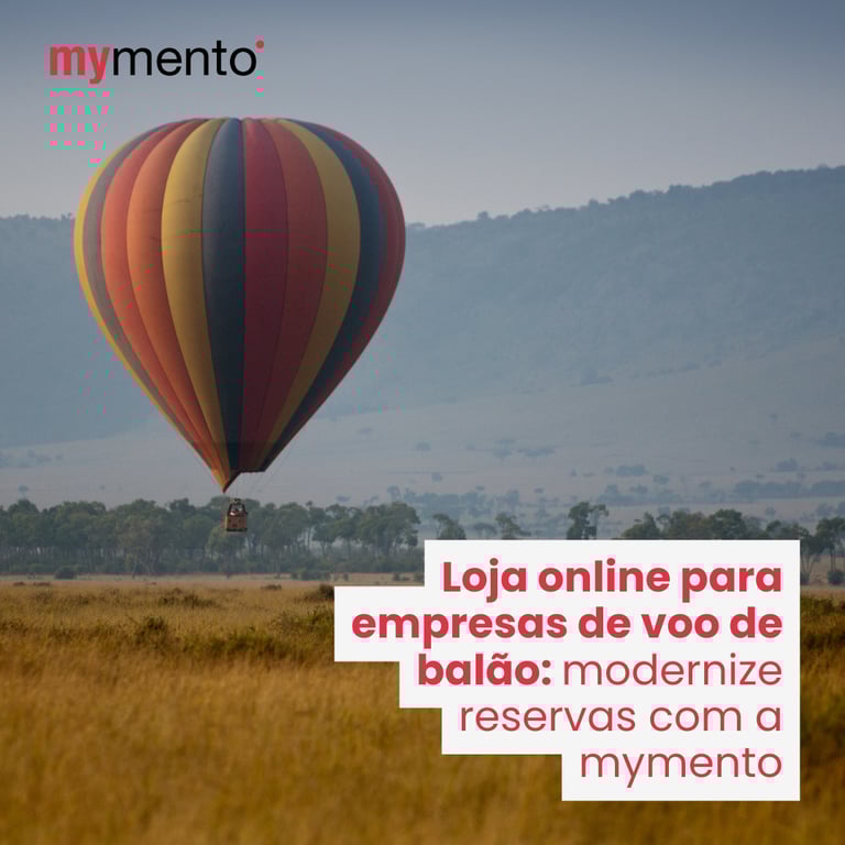 Loja online para empresa de voo de balão com sistema de reservas digital, datas disponíveis e compra de passeios integrada.
