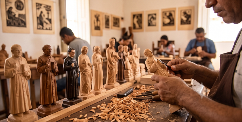 Um close nas mãos de um artesão esculpindo figuras religiosas de madeira. Esta imagem valoriza o artesanato local, ótima para as seções de dicas de compras e cultura.