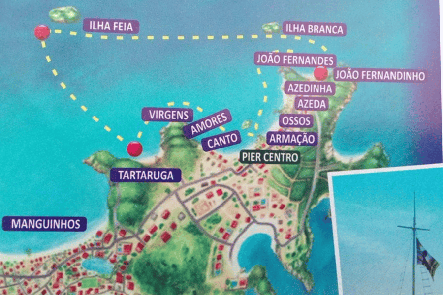 Os passeios nessa categoria acontecem nas escunas Bardot Brazil II ou Samurai, ambas com capacidade para 180 passageiros. Nossas escunas contam uma ótima infraestrutura, conforto e segurança. Roteiro do passeio: Iremos passar pelas praias mais famosas da península, conhecendo o lado norte. São 12 praias, 3 ilhas e 3 paradas para mergulho ao redor da embarcação (cerca de 25 minutos cada uma) e o passeio total tem duração aproximadamente de 2h30 a 3h. Lugares que iremos conhecer: Praia da Armação, Praia dos ossos, Praia azeda, Praia da azedinha, Praia de joão fernandes (1° parada), Praia de joão fernandinho, ilha branca, ilha feia (2°parada), praia da tartaruga, praia da tartaruguinha (3° parada), praias da virgens, praia dos amores, praia do canto, ilha do caboclo e orla bardot.