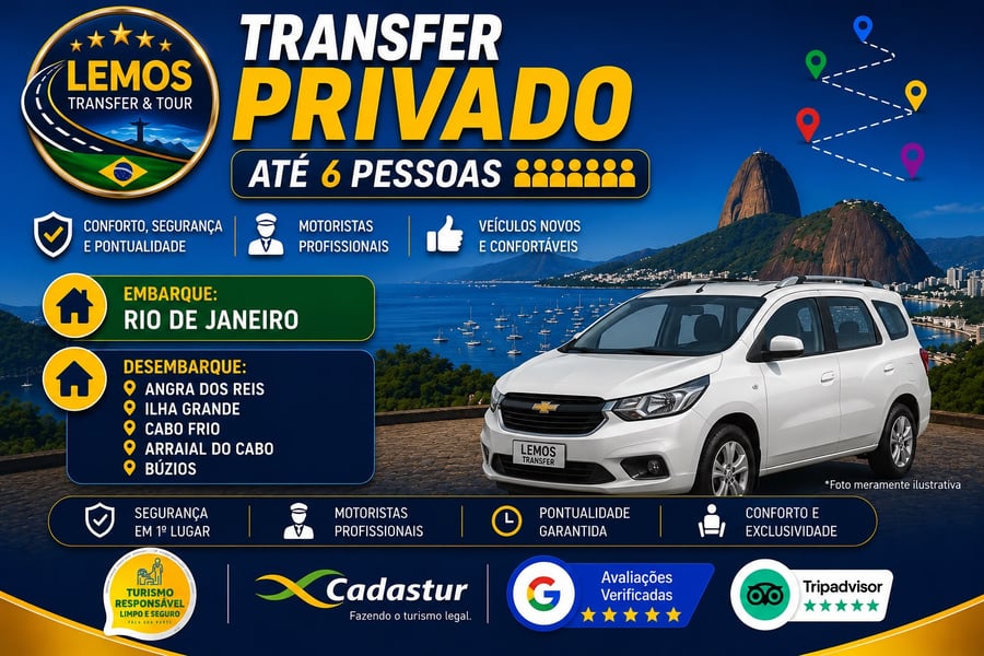 Transfer Privado – (até 6 pessageiros) Desfrute de um transfer exclusivo com conforto e segurança. Serviço ideal para até 4 pessoas, com motorista profissional, pontualidade e suporte em tempo real. Reserve agora e comece sua viagem com tranquilidade!