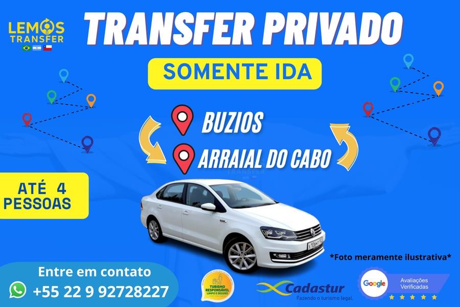 🔹 Transfer Privado Búzios ⇆ Arraial do Cabo  Viaje com conforto, segurança e pontualidade entre dois dos destinos mais paradisíacos da Região dos Lagos.   Nosso serviço de transfer privado é a melhor escolha para quem deseja tranquilidade no trajeto.  👉 Importante: Há dificuldade em conseguir Uber ou aplicativos de transporte operando entre Búzios e Arraial do Cabo, por isso garanta sua reserva antecipada e evite imprevistos.  Com a Lemos Transfer, você conta com veículos confortáveis, motoristas experientes e atendimento exclusivo para transformar sua viagem em parte da experiência em qualquer horário.   📌 Reserve agora e aproveite sua viagem sem preocupações!