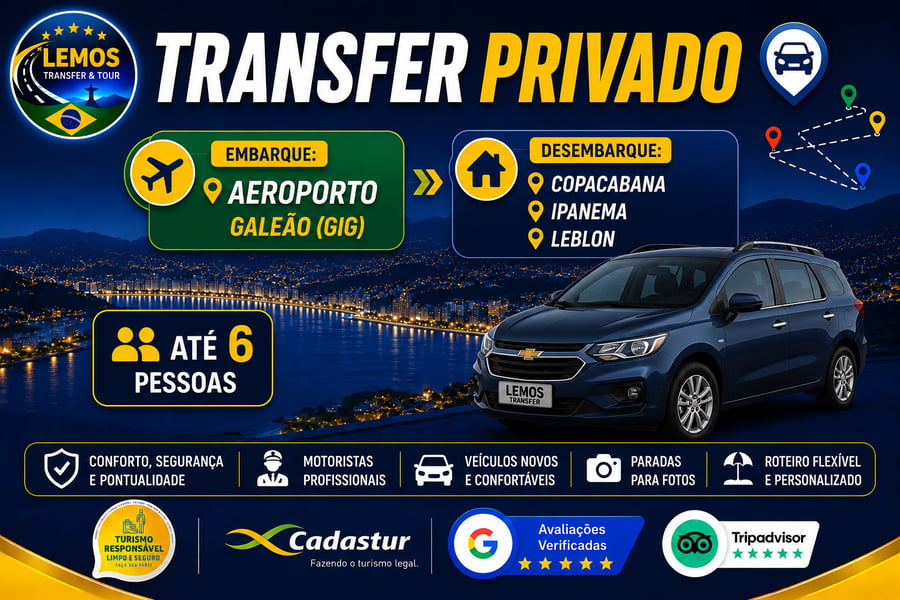 Transfer Privado – Aeroporto Galeão para Zona Sul-Copacabana,Ipanema e Leblon(até 4 pessoas) Desfrute de um transfer exclusivo com conforto e segurança do Aeroporto do Galeão até  a zona sul do Rio de Janeiro 