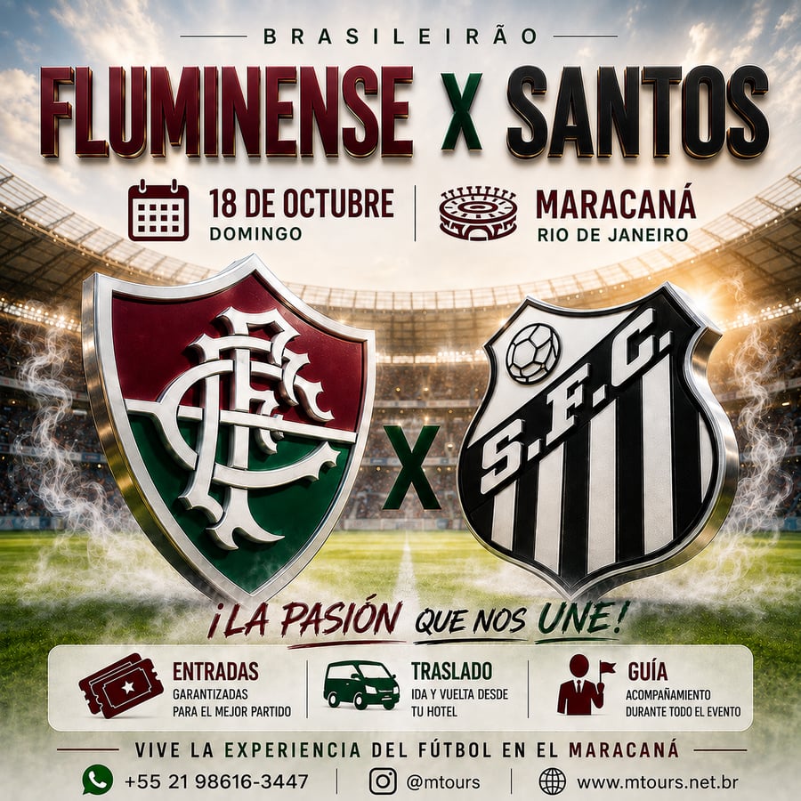 Vive una aventura única en el corazón del fútbol mundial en el emblemático estadio Maracaná, ubicado en la vibrante Río de Janeiro. Conocido como el templo del fútbol, ​​el Maracaná es uno de los estadios más famosos del mundo y ha sido sede de finales inolvidables, hogar de grandes ídolos y momentos que han marcado a generaciones. Más allá de ver un partido, te sumergirás en una emoción indescriptible, rodeado de miles de aficionados y cánticos apasionados, en una atmósfera única que solo Río de Janeiro puede ofrecer.  Con M Tours, tu experiencia en el Maracaná será segura y cómoda. Garantizamos tu entrada, te ofrecemos transporte de ida y vuelta y te recogemos directamente en tu hotel. Nuestro servicio personalizado estará a tu disposición durante toda la experiencia, para que disfrutes al máximo de este evento inolvidable. Déjate envolver por la magia del Maracaná y vive el fútbol como nunca imaginaste.  No te pierdas la oportunidad de ser parte de este espectáculo inolvidable. Reserva tu lugar ahora y pre