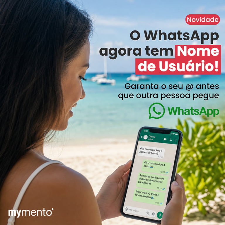 Empresária conversando com uma cliente pelo WhatsApp, representando o uso do nome de usuário (@username) para atendimento e comunicação profissional.