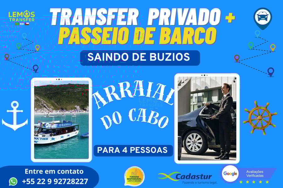 🚗 Transfer Privado + Passeio de Barco em Arraial do Cabo – Saída de Búzios (Ida e Volta) 🌴  Transforme seu dia em uma experiência inesquecível com nosso pacote completo: transporte privativo de Búzios até Arraial do Cabo (ida e volta) + um incrível passeio de barco pelas águas cristalinas da “Caribe Brasileira”.