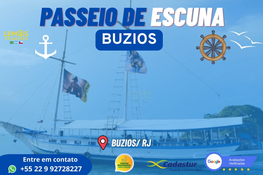 Os passeios nessa categoria acontecem nas escunas Bardot Brazil II ou Samurai, ambas com capacidade para 180 passageiros. Nossas escunas contam uma ótima infraestrutura, conforto e segurança. Roteiro do passeio: Iremos passar pelas praias mais famosas da península, conhecendo o lado norte. São 12 praias, 3 ilhas e 3 paradas para mergulho ao redor da embarcação (cerca de 25 minutos cada uma) e o passeio total tem duração aproximadamente de 2h30 a 3h. Lugares que iremos conhecer: Praia da Armação, Praia dos ossos, Praia azeda, Praia da azedinha, Praia de joão fernandes (1° parada), Praia de joão fernandinho, ilha branca, ilha feia (2°parada), praia da tartaruga, praia da tartaruguinha (3° parada), praias da virgens, praia dos amores, praia do canto, ilha do caboclo e orla bardot.