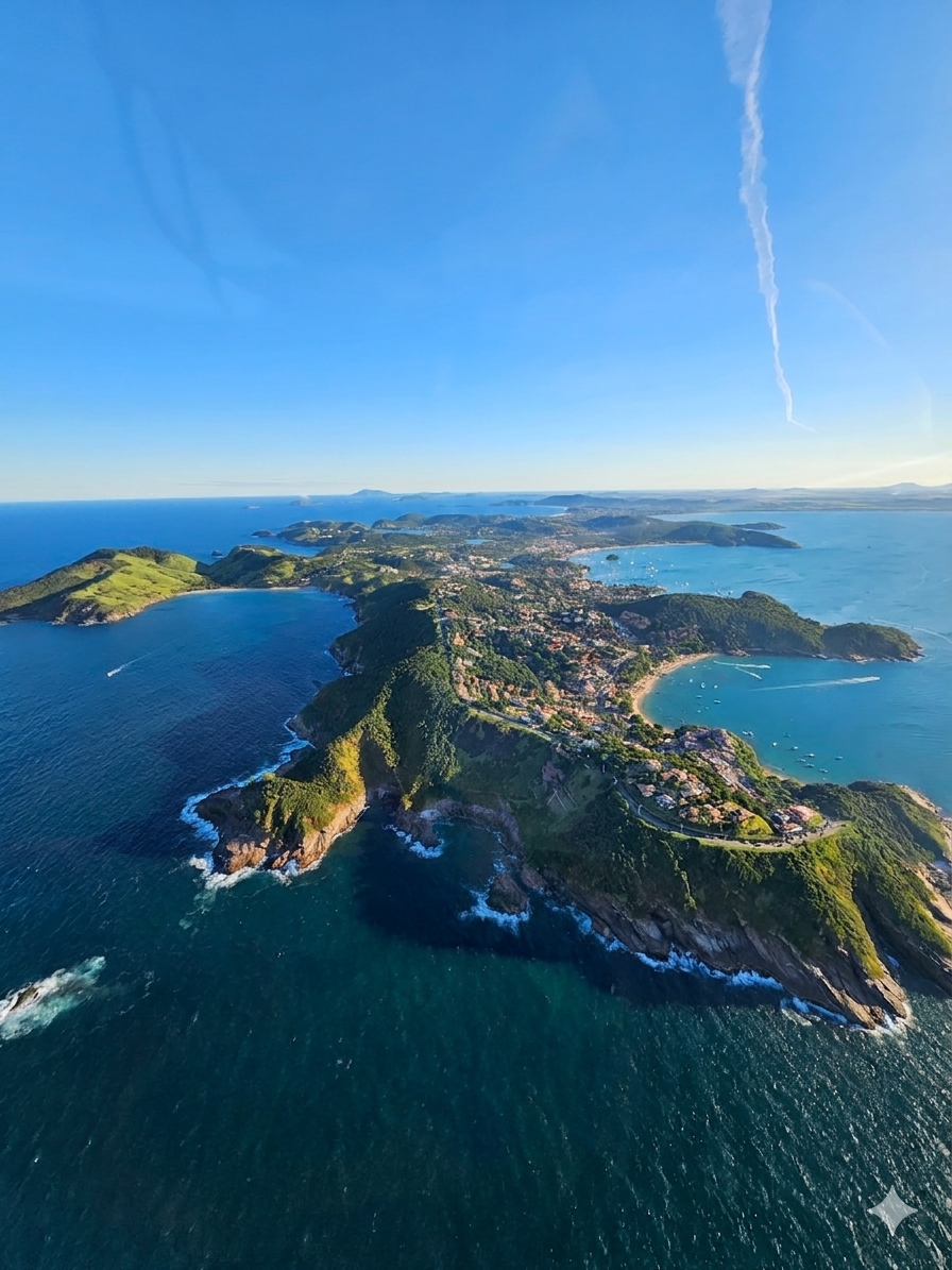 Explore o mapa completo da península de Búzios do alto. Veja a rota panorâmica cobrindo de Geribá a João Fernandes em um voo seguro. Reserve com sinal de 10%!