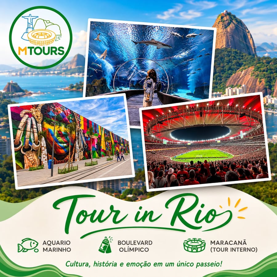 Tour AquaRio + Boulevard Olímpico + Maracanã Tour  Descubra três dos atrativos mais visitados do Rio de Janeiro em um único passeio, combinando cultura, história, entretenimento e a paixão pelo futebol. Com a M Tours, você aproveita uma experiência completa com transporte privativo, guia especializado e todos os ingressos incluídos, garantindo conforto, praticidade e total segurança durante todo o roteiro.  AquaRio – O Maior Aquário Marinho da América do Sul  A primeira parada é o impressionante AquaRio, uma atração que encanta visitantes de todas as idades. O complexo abriga milhares de animais marinhos de diversas espécies, proporcionando uma verdadeira imersão no universo dos oceanos.  Durante a visita, você poderá conhecer:  * O famoso túnel subaquático cercado por tubarões e raias; * Diversos tanques temáticos com espécies marinhas do Brasil e do mundo; * Espaços educativos sobre conservação ambiental e vida marinha; * Áreas interativas ideais para toda a família.  Uma experiência fascinante que une lazer, educação e contato com a natureza.  ⸻  Boulevard Olímpico – Arte, História e Cultura  Após a visita ao AquaRio, seguimos para o Boulevard Olímpico, uma das regiões mais revitalizadas e modernas da cidade.  O passeio inclui uma caminhada guiada pelos principais pontos da área portuária, onde você poderá conhecer:  * O famoso Mural Etnias, uma das maiores obras de arte urbana do mundo; * A Praça Mauá, cartão-postal da região; * A história da revitalização da Zona Portuária do Rio de Janeiro; * Áreas culturais e espaços que marcaram os Jogos Olímpicos Rio 2016; * Belas paisagens para fotos e momentos inesquecíveis.  Uma oportunidade única para conhecer um lado moderno e cultural do Rio de Janeiro.  ⸻  Tour Maracanã – Nos Bastidores do Templo do Futebol  Para encerrar o passeio, visitamos o lendário Estádio do Maracanã, palco de momentos históricos do futebol mundial.  No Tour Maracanã, você terá acesso aos bastidores do estádio e poderá conhecer:  * Os vestiários das equipes; * A sala de coletiva de imprensa; * O túnel de acesso ao gramado; * Os bancos de reservas; * Áreas exclusivas normalmente restritas aos atletas; * Exposições com itens históricos e curiosidades sobre grandes partidas e jogadores.  Uma experiência imperdível para amantes do futebol e para quem deseja conhecer de perto um dos estádios mais famosos do planeta.  ⸻  O Que Está Incluído  ✅ Transporte privativo durante todo o passeio ✅ Guia especializado acompanhando todo o roteiro ✅ Ingresso para o AquaRio ✅ Ingresso para o Tour Maracanã ✅ Assistência da equipe M Tours  ⸻  Informações Importantes  * Passeio indicado para todas as idades. * Ideal para famílias, casais, grupos de amigos e apaixonados por futebol. * Roteiro realizado com conforto, segurança e acompanhamento profissional. * Saídas mediante agendamento prévio.  Viva uma experiência completa no Rio de Janeiro!  Conheça a vida marinha no AquaRio, explore a arte e a história do Boulevard Olímpico e visite os bastidores do maior templo do futebol brasileiro em um único dia.  M Tours – Experiências exclusivas para você descobrir o melhor do Rio de Janeiro.  📲 Reservas e informações: +55 21 98616-3447 📸 Instagram: @mtours_