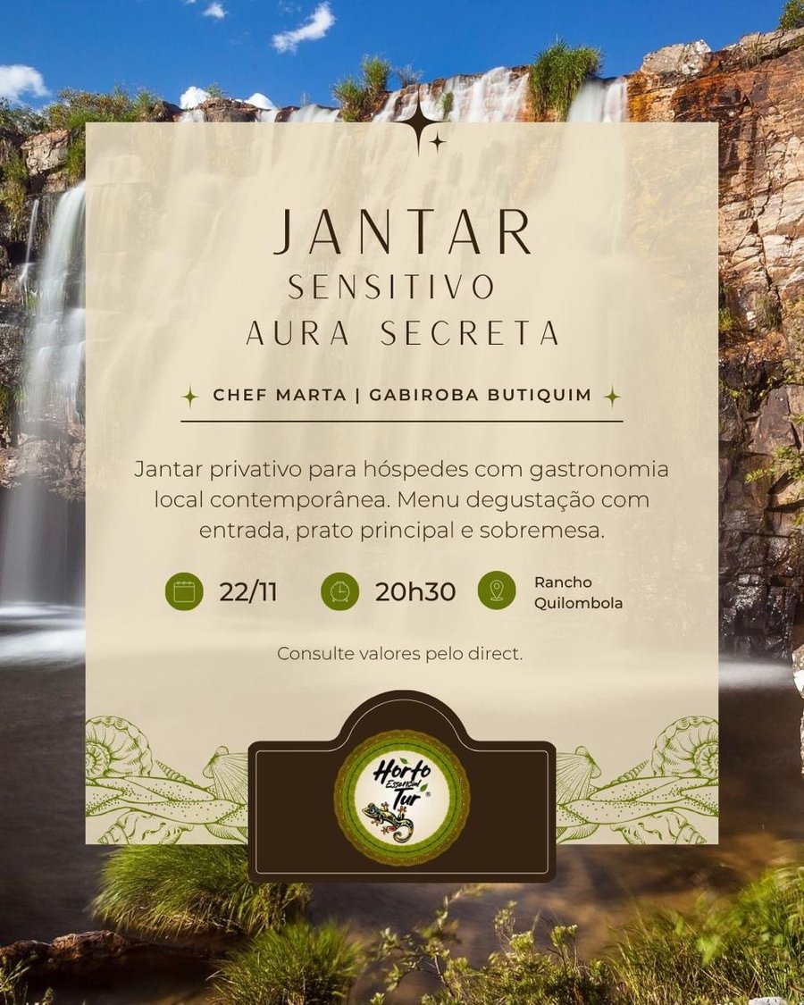 Um jantar para sentir,este evento será realizado no Rancho do Quilombola , sob o céu de Resende Costa,você terá uma noite de aromas silêncio e descobertas.Entre velas,especiarias e misterios,cada detalhe esta sendo pensado para despertar os sentidos e o que existe de mais sutil em nós.Este delicioso jantar sera Realizado no dia 22 de outubro de 2025.