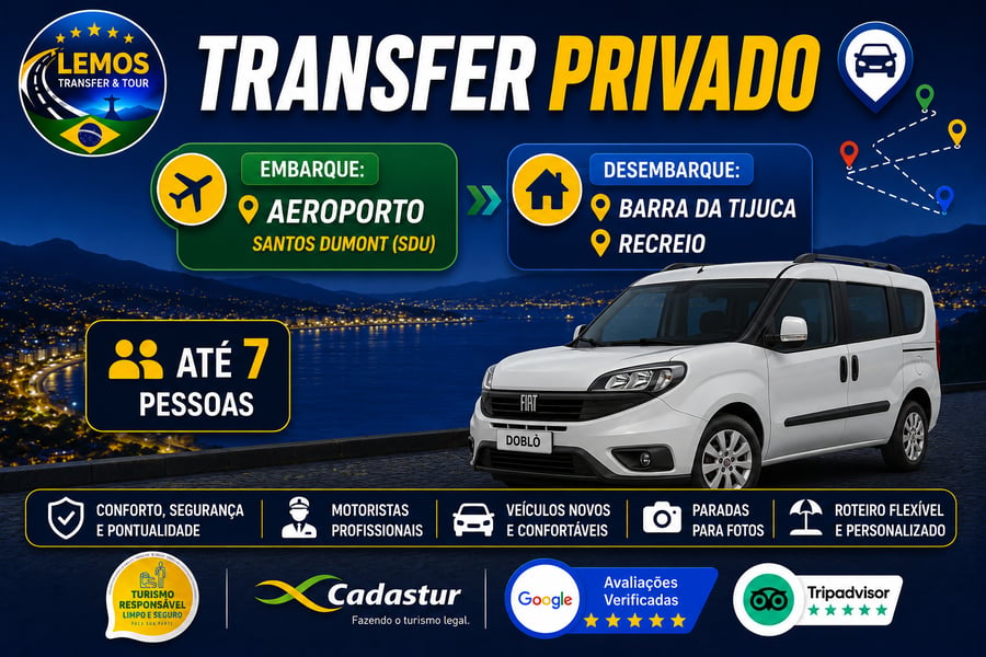 Transfer Privado – Aeroporto Santos Dumont ( SDU) para Zona Sul (até 6 pessoas) Desfrute de um transfer exclusivo com conforto e segurança do Aeroporto do Galeão até  Barra da Tijuca e Recreio dos Bandeirantes . Serviço ideal para até 4 pessoas, com motorista profissional, pontualidade e suporte em tempo real. Reserve agora e comece sua viagem com tranquilidade!