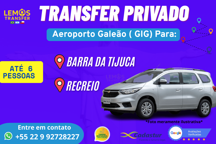 Transfer Privado – Aeroporto Santos Dumont ( SDU) (até 7 pessoas) Desfrute de um transfer exclusivo com conforto e segurança do Aeroporto SDU até  Barra da Tijuca e Recreio dos Bandeirantes . Serviço ideal para até 4 pessoas, com motorista profissional, pontualidade e suporte em tempo real. Reserve agora e comece sua viagem com tranquilidade!