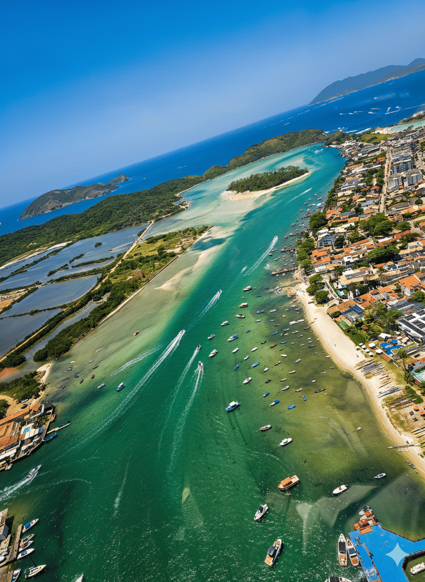Sobrevoe o icônico Canal do Itajurú e a bela Ilha do Japonês em Cabo Frio. Contemple as águas esverdeadas e a história da região do alto. Reserve com 10%!
