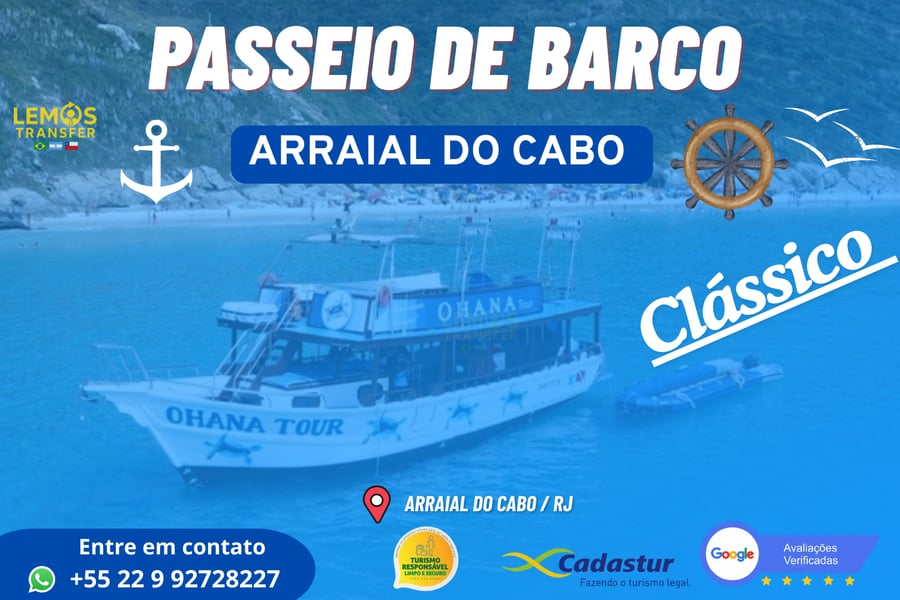 Embarcação OHANA  Venha conhecer o Caribe brasileiro em Arraial do Cabo❗️  ⛵️Nosso barco possui dois andares com cobertura no segundo andar, toboágua, balanços para foto, Wi-Fi, banheiro masculino e feminino, bar a bordo, animador e bote de apoio para desembarque nas praias. 🏖  🌊 Nosso roteiro 🔝 ✔️Ilha do farol  ✔️As Prainhas Pontal do Atalaia  ✔️Praia do Forno ✔️Perfil do Gorila  ✔️Fenda da Nossa Senhora  ✔️Impacto do Meteorito ✔️Gruta Azul  ✔️Gruta do Amor   ⏰O passeio tem duração de 4h. Cortesia: Wi-Fi e água durante todo o passeio.   📌 O embarque e o passeio podem sofrer alterações de acordo com as condições climáticas.  📌 Taxa de embarque de R$ 10,00 por passageiro não inclusa no valor do passeio, pago somente no dinheiro (gratuidade para menores de 5 anos e 60 anos de idade).   *Embarque: 10:30 h*  📌Check in 30min antes do horário do embarque.   📌 Havendo perda no horário do embarque não haverá reembolso.  📌Não é permitido a entrada de cooler, bolsa térmica, isopor, comida, bebida e aparelho de som.  📌Em caso de atraso ou falta dos mesmo ao fazer o check in no local, o valor do serviço prestado não é devolvido.  📌O sinal cobrado por pessoa não é devolvido em caso de desistência dos mesmo, nem abatido no valor dos demais, somente se a marinha cancelar o passeio.
