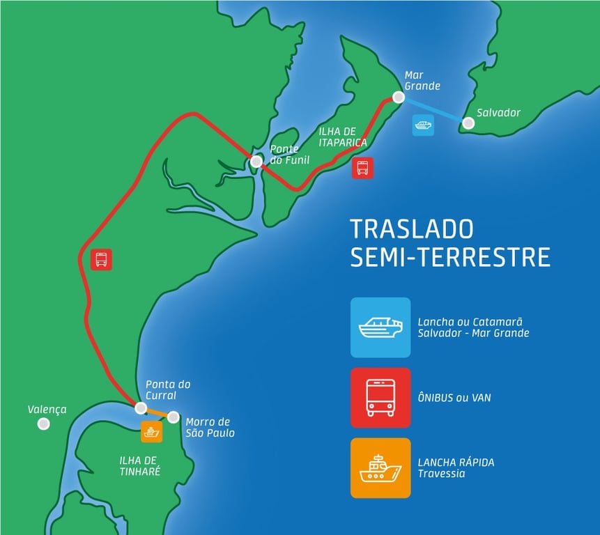 Mapa do trajeto do transfer semi-terrestre Salvador Morro de São Paulo
