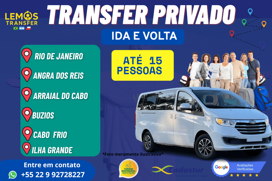 "Transfer privado com segurança e conforto para até 15 pessoas entre Rio de Janeiro e destinos paradisíacos como Ilha Grande, Angra, Búzios, Arraial ou Cabo Frio." Ou um dessas cidades com destino ao Rio de Janeiro. 