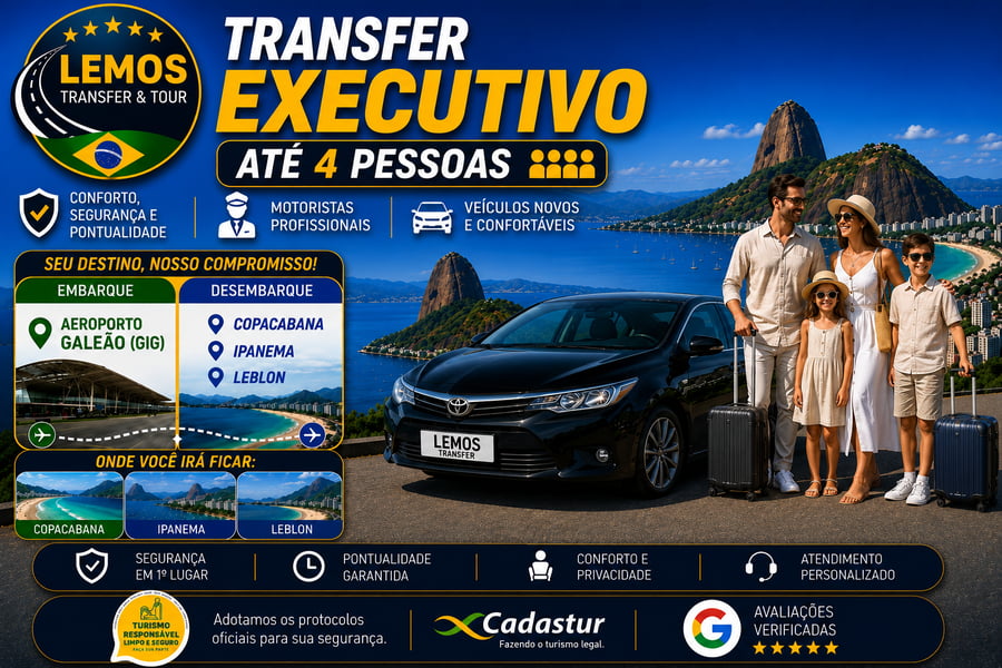 Transfer Executivo – Aeroporto Galeão para Zona Sul-Copacabana,Ipanema e Leblon(até 4 pessoas) Desfrute de um transfer exclusivo com conforto e segurança do Aeroporto do Galeão até  a zona sul do Rio de Janeiro 