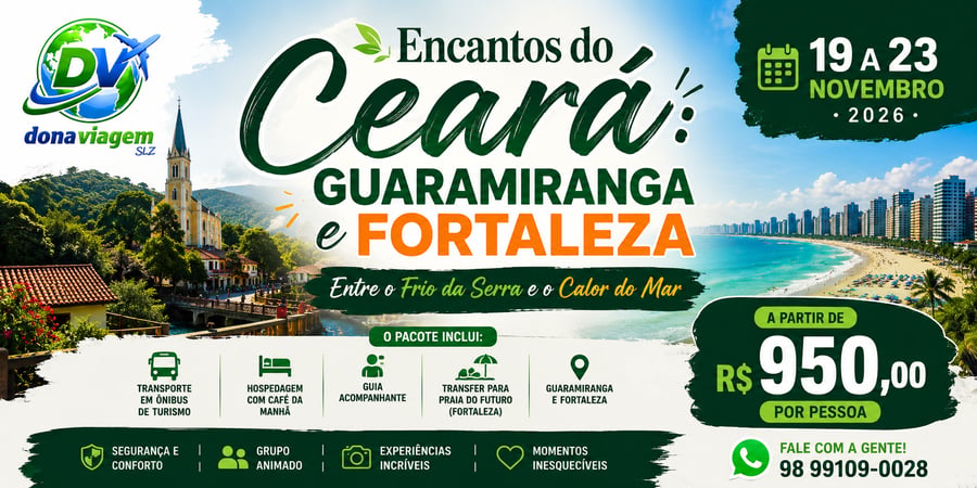 Uma viagem pensada para quem deseja viver duas experiências inesquecíveis em um só roteiro: o clima aconchegante de Guaramiranga, com suas paisagens serranas e atmosfera charmosa, e a energia vibrante de Fortaleza, com parada especial na famosa Praia do Futuro.