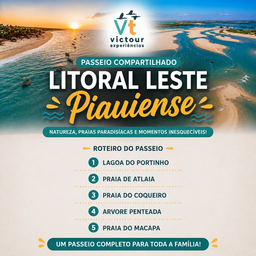 🌴✨ PASSEIO LITORAL LESTE PIAUIENSE ✨🌴  Um passeio incrível para conhecer algumas das praias e paisagens mais bonitas do litoral do Piauí, combinando natureza, dunas, lagoas, mirantes e praias paradisíacas em um único roteiro. 🌊☀️  📍 Principais paradas do passeio:  🏝️ Lagoa do Portinho Um dos cartões-postais da região, perfeita para relaxar e apreciar a paisagem entre dunas e lagoa.  🌊 Praia de Atalaia Praia urbana de Luís Correia, com ótima estrutura e belas paisagens litorâneas.  🌴 Praia do Coqueiro Conhecida pelas águas tranquilas, coqueirais e clima agradável à beira-mar.  🌳 Árvore Penteada Um dos pontos mais famosos do litoral piauiense, ideal para fotos e contemplação da natureza.  🏖️ Praia do Macapá Praia paradisíaca com encontro do rio e mar, muito procurada para relaxar e apreciar a tranquilidade da região.  ✨ Um passeio perfeito para quem deseja conhecer o melhor do litoral leste do Piauí, com paisagens inesquecíveis, praias encantadoras e experiências únicas. 😊🌴
