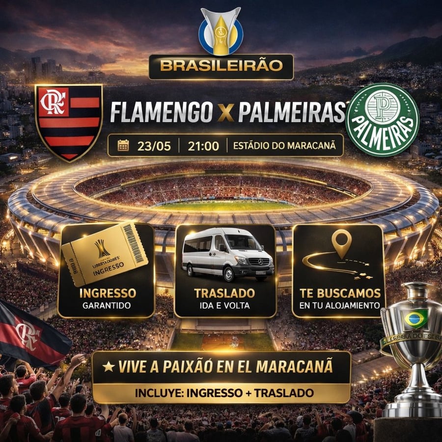 Vive una aventura única en el corazón del fútbol mundial en el emblemático estadio Maracaná, ubicado en la vibrante Río de Janeiro. Conocido como el templo del fútbol, ​​el Maracaná es uno de los estadios más famosos del mundo y ha sido sede de finales inolvidables, hogar de grandes ídolos y momentos que han marcado a generaciones. Más allá de ver un partido, te sumergirás en una emoción indescriptible, rodeado de miles de aficionados y cánticos apasionados, en una atmósfera única que solo Río de Janeiro puede ofrecer.  Con M Tours, tu experiencia en el Maracaná será segura y cómoda. Garantizamos tu entrada, te ofrecemos transporte de ida y vuelta y te recogemos directamente en tu hotel. Nuestro servicio personalizado estará a tu disposición durante toda la experiencia, para que disfrutes al máximo de este evento inolvidable. Déjate envolver por la magia del Maracaná y vive el fútbol como nunca imaginaste.  No te pierdas la oportunidad de ser parte de este espectáculo inolvidable. Reserva tu lugar ahora y pre