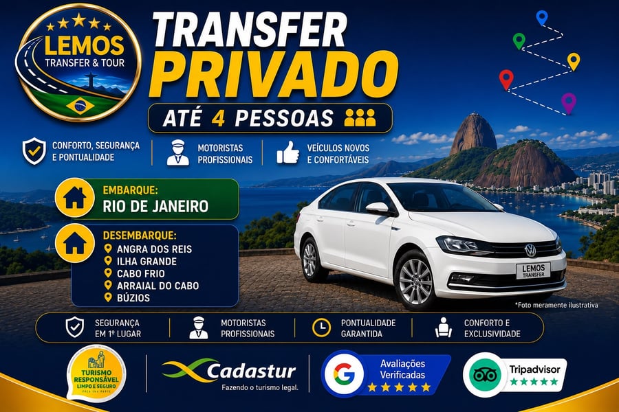 Transfer Privado – (até 4 pessoas) Desfrute de um transfer exclusivo com conforto e segurança. Serviço ideal para até 4 pessoas, com motorista profissional, pontualidade e suporte em tempo real. Reserve agora e comece sua viagem com tranquilidade!