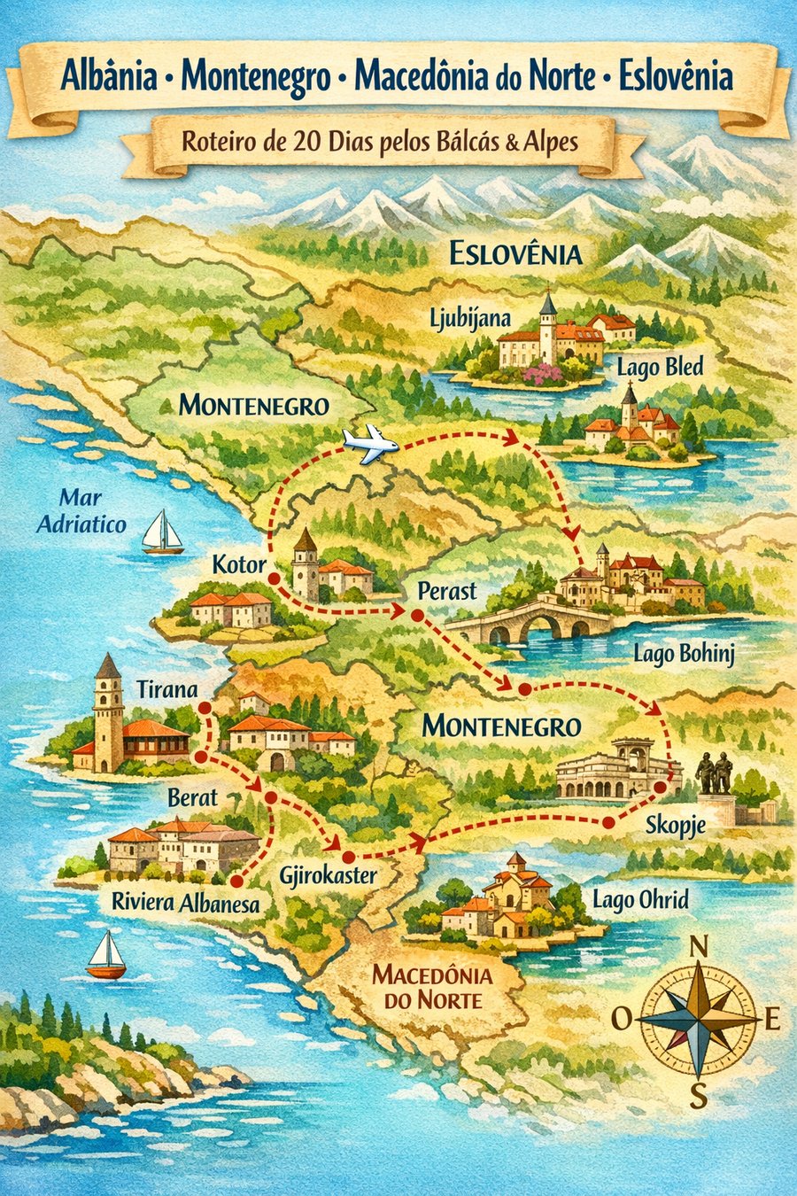 Mapa turístico Albânia Montenegro Macedônia e Eslovênia | Rota pelos Bálcãs