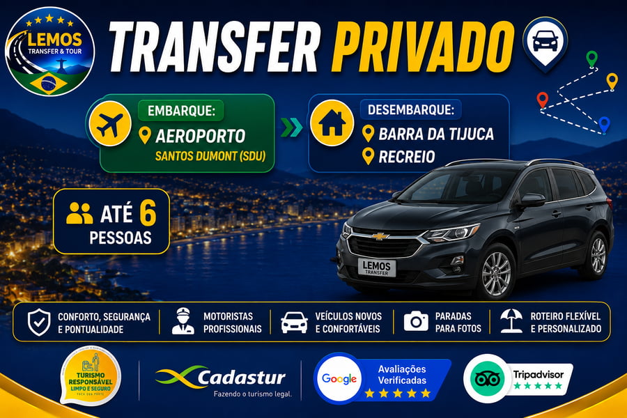 Transfer Privado – Aeroporto Santos Dumont ( SDU) para Zona Sul (até 6 pessoas) Desfrute de um transfer exclusivo com conforto e segurança do Aeroporto do Galeão até  Barra da Tijuca e Recreio dos Bandeirantes . Serviço ideal para até 4 pessoas, com motorista profissional, pontualidade e suporte em tempo real. Reserve agora e comece sua viagem com tranquilidade!